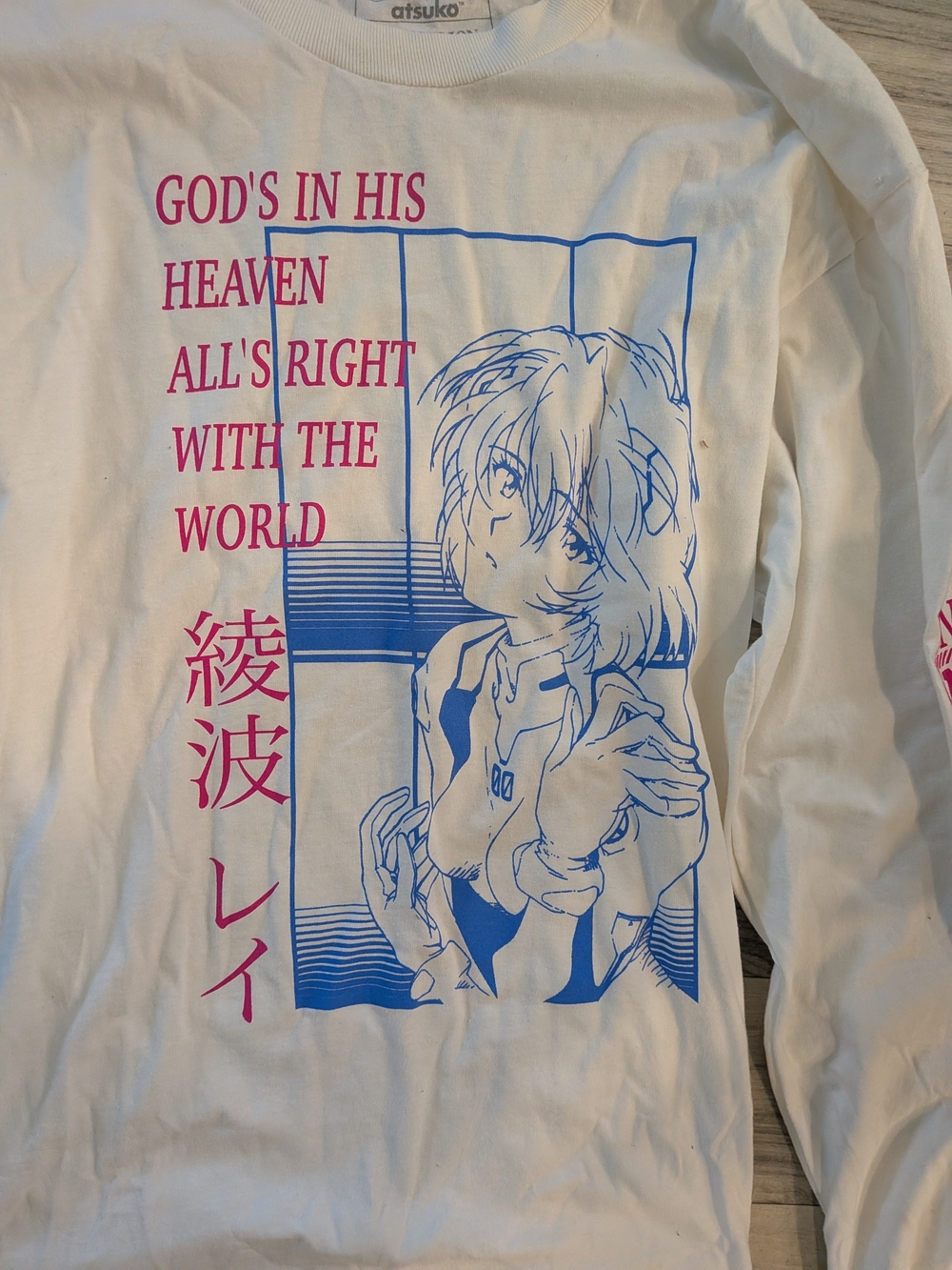 Atsuko White Long-Sleeve Graphic Tee with Pink & Blue Anime Print Large - Picture 3 of 10
